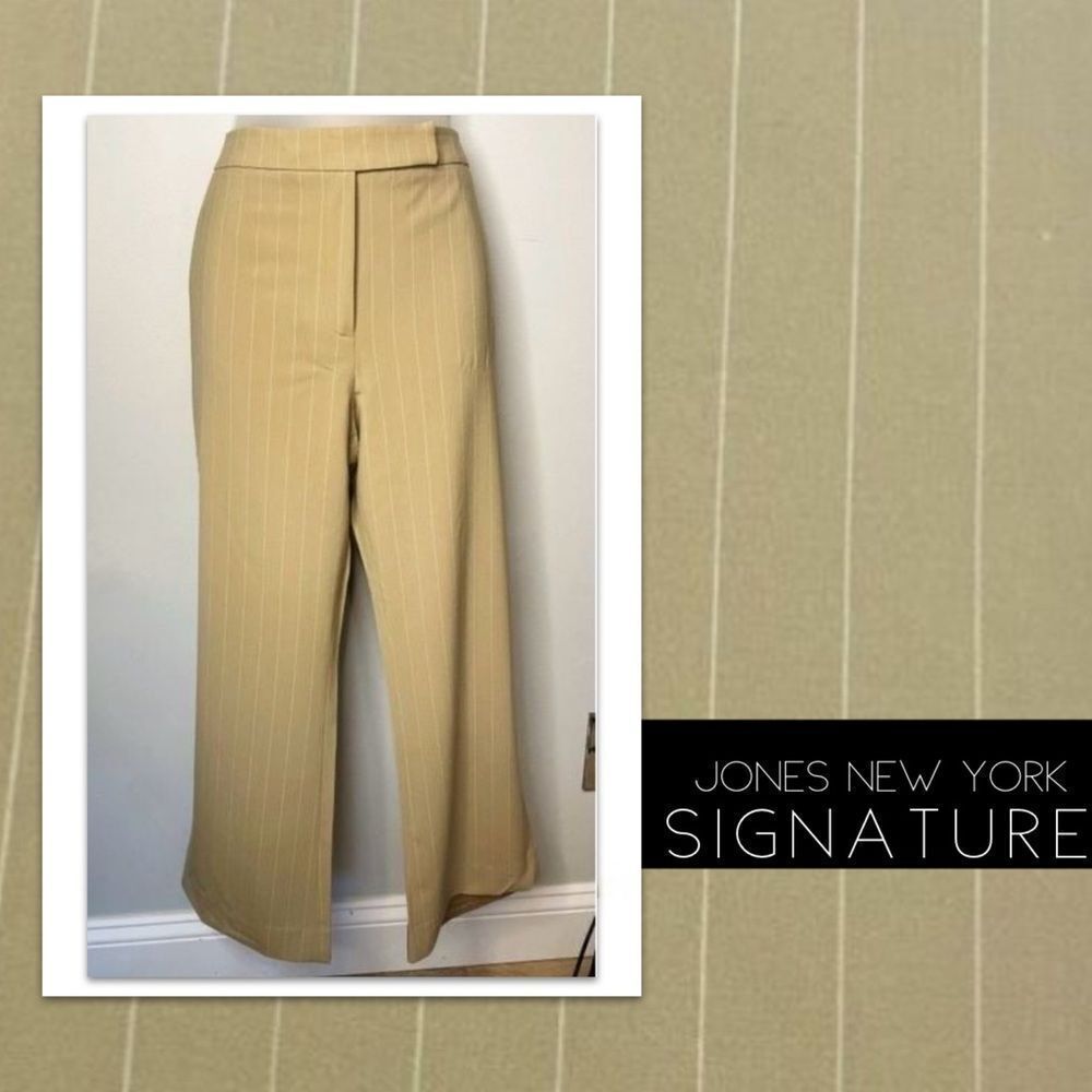Jones New York Signature Tan and White Pinstripe Wool Pants, Size 8